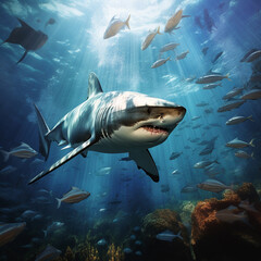 Obraz premium Great white shark, coral reef, natural colors, dangerous sea predators.