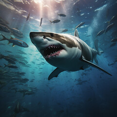 Fototapeta premium Great white shark, coral reef, natural colors, dangerous sea predators.