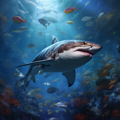 Great white shark, coral reef, natural colors, dangerous sea predators.