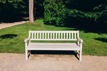 Wooden empty white bench in the city spring park, lush green parkland.