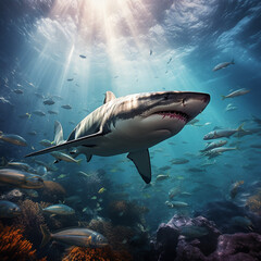 Great white shark, coral reef, natural colors, dangerous sea predators.