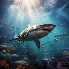 Obraz premium Great white shark, coral reef, natural colors, dangerous sea predators.