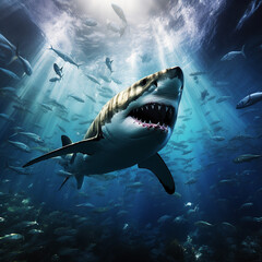 Fototapeta premium Great white shark, coral reef, natural colors, dangerous sea predators.