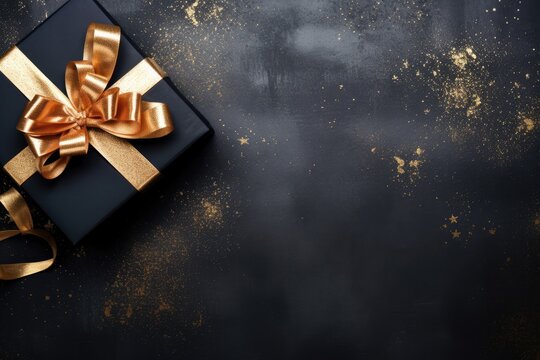 black gift with golden bow on dark background
