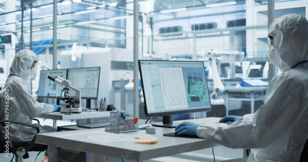 Poster Team of Electronics Engineers Working in a Research and Development Office at an Electronics Factory. Industrial Scientists Wearing Laboratory Full-Body Suits to Be Protected From Hazardous Materials
