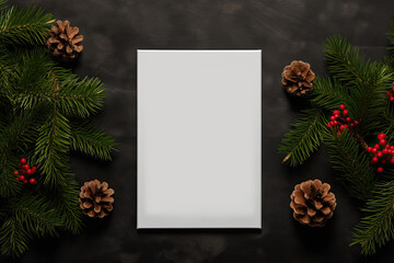Fototapeta premium Christmas card with fir branches, mock up of greeting card
