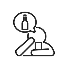 Alcohol Addiction Icon. Vector Outline Editable Isolated Sign of a Drunken Depressed Person at a Bar Counter, Symbolizing the Harsh Reality of Alcoholism and its Impact on Mental Health.