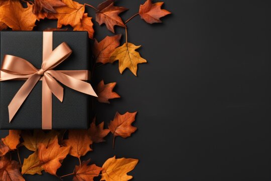 black gift with golden bow and autumn leaves on dark background