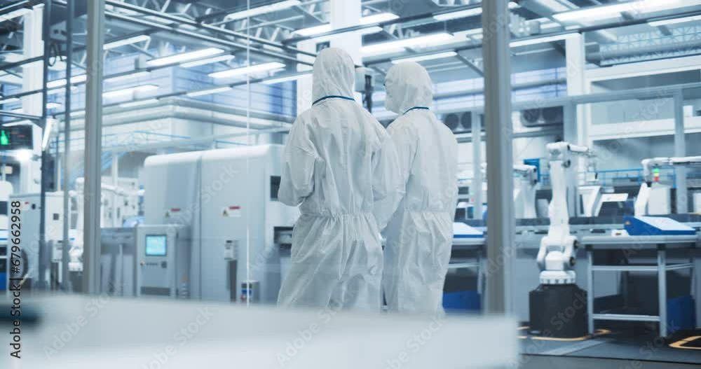 Leinwandbilder Electronics Production Factory: Engineer and Scientist Wearing Coveralls, Walking Next to Assembly Line, Talking and Using Tablet Computer. Professionals Developing Technology with Modern Machinery