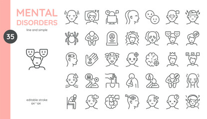 Mental Disorders Icon Set. Anxiety, Neurosis, Mania, Depression, Addiction, Autism, Insomnia, Phobia, Crisis, Stress, Burnout, and More. Isolated Vector Mental Health Disorders Signs Collection.