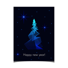 Greeting card with happy new year, with modern blue-light Christmas tree, against dark sky with twinkling blue stars