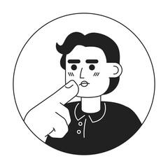 Short haired middle eastern woman stroking chin black and white 2D vector avatar illustration. Arabic brunette lady thinking hard outline cartoon character face isolated. Choice making flat portrait