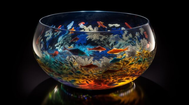 Whimsical goldfish bowl filled with vibrant fish illustration AI generated picture art