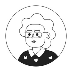 Eyeglasses grandmother relaxed smiling black and white 2D vector avatar illustration. Posing eyeglasses retired woman outline cartoon character face isolated. Positive headshot portrait flat portrait