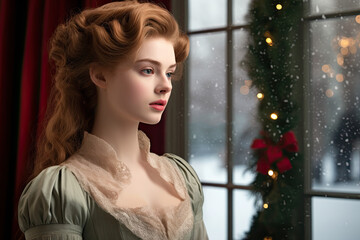 portrait of a woman in a Christmas vintage  dress next to a window 