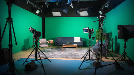 Studio and equipment for person streaming podcast real-time.