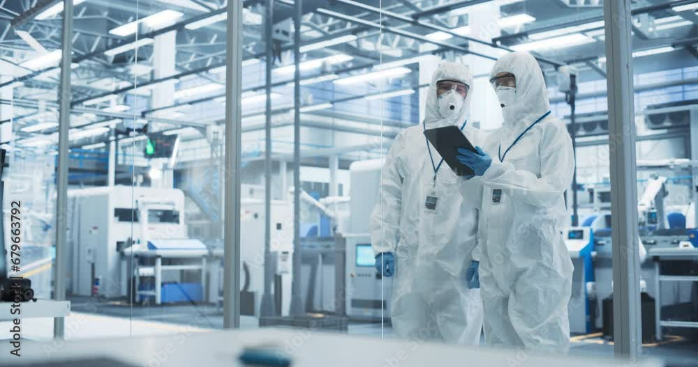 Poster Development Factory Cleanroom: Engineers Wearing Coveralls and Goggles while Talking and Using a Tablet Computer. Scientists Working in Advanced Electronics Manufacture with Precision Machinery