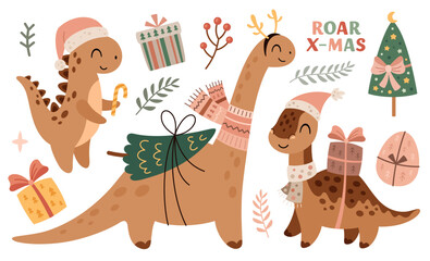 Pink Christmas dinosaurs clipart in cartoon flat style. Merry Christmas illustration	
