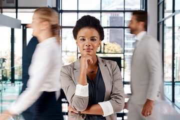 African, thinking or portrait of business woman with confidence in agency, company or busy office....