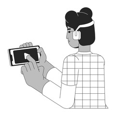 Headphones teenage girl pressing playing black and white 2D line cartoon character. Black woman listening podcast isolated vector outline person. Gen z leisure monochromatic flat spot illustration