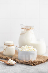 Natural dairy products. cottage cheese, milk, yogurt