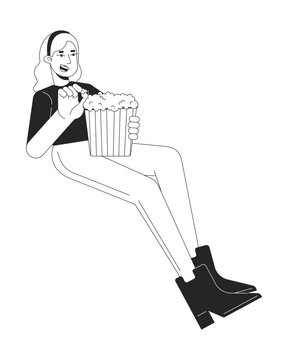 recommend clip art: Blonde caucasian woman eating popcorn black and white 2D line cartoon character. Watching movie in cinema girl isolated vector outline person. Entertainment show monochromatic flat spot illustration