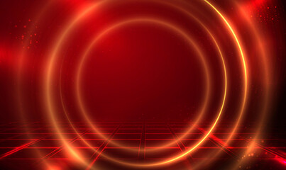 Futuristic Red Circle Lights Cyber Hi Tech Tunnel Effect. Cyber circle laser on abstract background. Magic warp gate fantasy. Circle teleport. Hologram portal swirl light of science futuristic. Vector