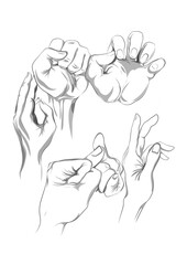 several sketches of palm gestures on a white background