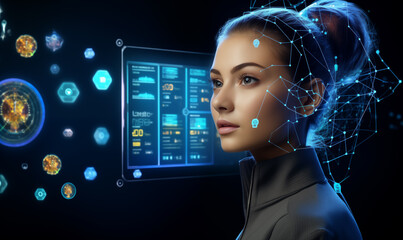Futuristic user interface. Portrait of beautiful young woman in black dress and futuristic interface on dark background. Future and technology concept