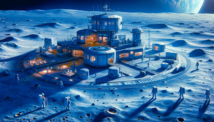 A modern lunar base with astronauts on the moon's surface, illuminated by a blue hue.Generative AI - obrazy, fototapety, plakaty