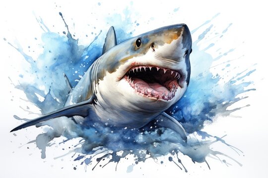watercolor Shark Hungry shark illustration with splash watercolor textured background