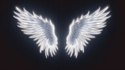 
 christmas  angel wings , neon white light , on dark background, - obrazy, fototapety, plakaty