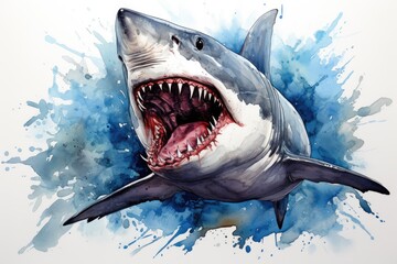 watercolor Shark Hungry shark illustration with splash watercolor textured background