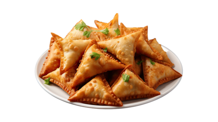 Isolated illustration of a plate with vegetarian samosas. Illustration for covers, banners and other projects about vegan food.