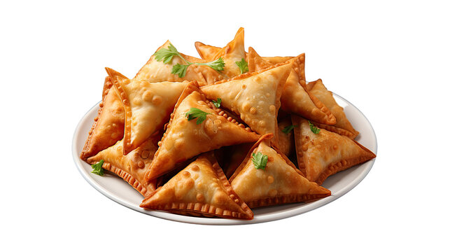 Isolated illustration of a plate with vegetarian samosas. Illustration for covers, banners and other projects about vegan food.