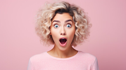 Shocked woman portrait on isolated pink background - ai generative