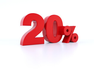 red percent symbol 3d render in white number 20%