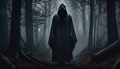 Black hooded figure in the dark woods - obrazy, fototapety, plakaty