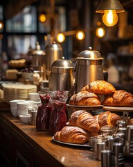 a counter with a variety of pastries and coffee cups - obrazy, fototapety, plakaty