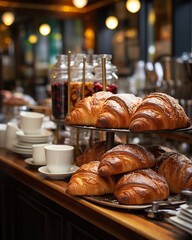 a counter with a variety of pastries and coffee cups