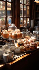 a counter with a variety of pastries and coffee cups