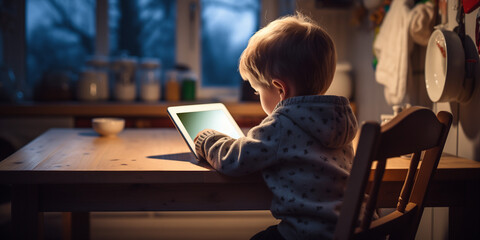 Technology danger of modern society. Unhappy hypnotized child who is bored is eating at the table and looking at his mobile or tablet device. Kids emotional isolation and depression