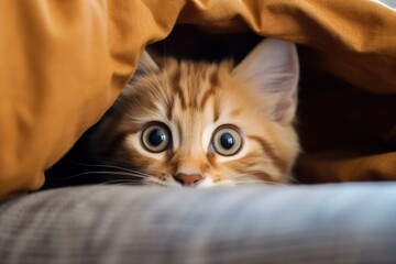 funny kitten peeks out from under the blanket. close portrait