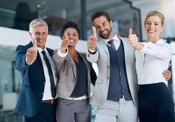 Portrait, thumbs up or happy business people in agreement, support or collaboration together in...