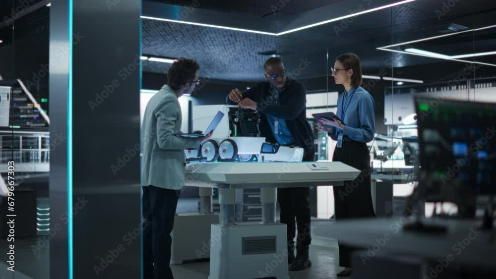 Poster Industrial Robotics Specialists Working on a Mobile Robot, Using a Tablet Computer and Laptop. Black Male Engineer In a Lab Discussing an Automated AI Robotic Delivery Assistant with His Young Team
