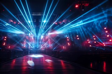 stage and flashing blue and red lights, music concert concept. generative ai