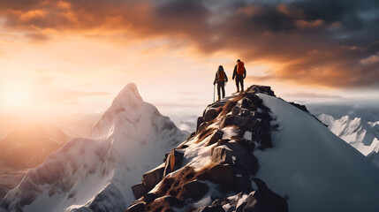Far photography of two people hiking, and standing on the snowy mountain top, looking at beautiful horizon view of a sunrise, under the cloudy sky - obrazy, fototapety, plakaty