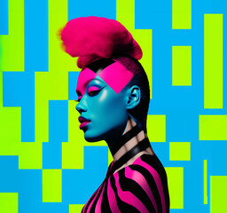 Beautiful Mohawk female fashion model face painted in vibrant punk fashion style. Retro, Popular music and fashion era