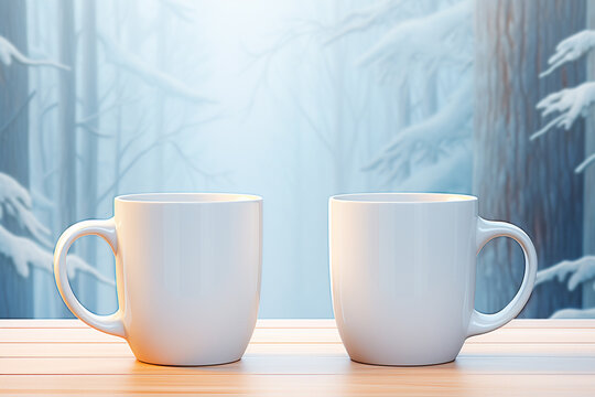two ceramic mugs on table in winter seasons, Inviting Warmth and Comfort