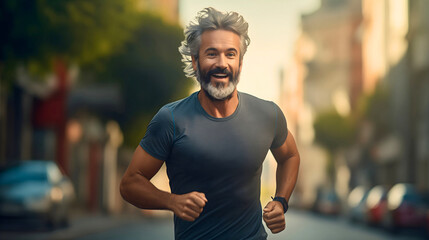 Close up photography of a smiling senior man with gray hair and beard wearing a gray slim fit t-shirt and jogging through the city early in the morning. Blurred cars and buildings in the background - obrazy, fototapety, plakaty